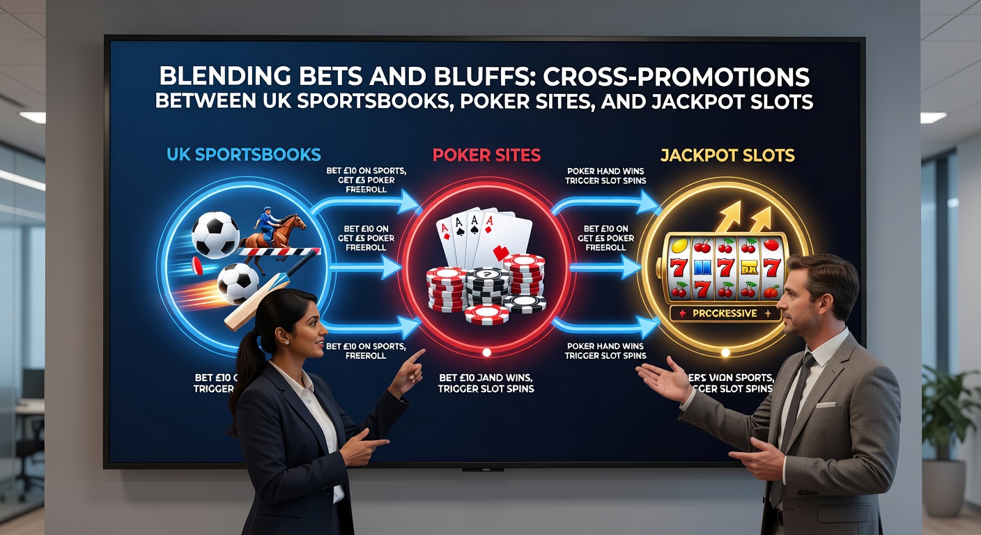 Close-up of promotional banner displaying cross-over bonuses from sports betting to poker hands and glowing jackpot slots