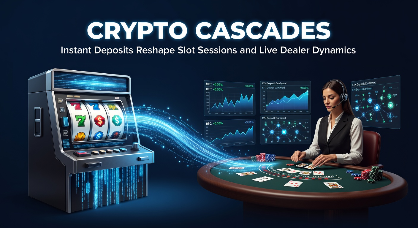 Digital cascade of cryptocurrency transactions lighting up slot machine reels and live dealer tables in a vibrant online casino interface
