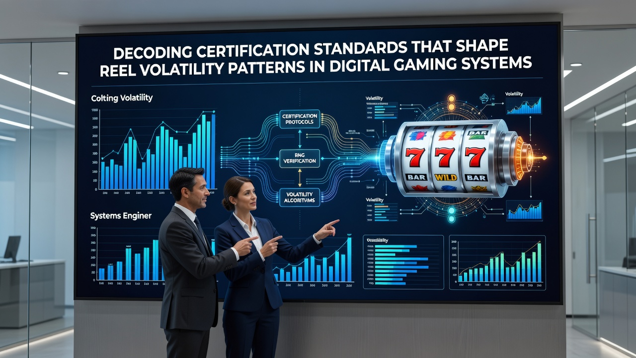 Technical diagram illustrating reel volatility patterns and certification testing processes in digital slot systems