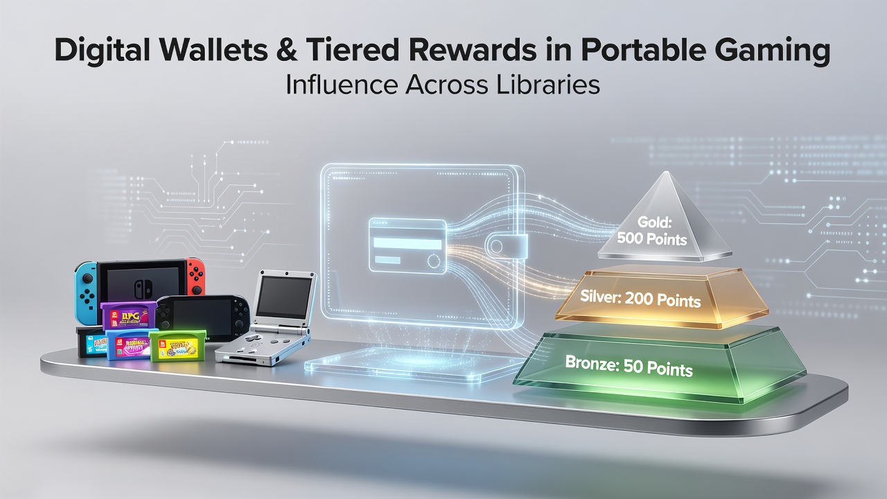 Digital wallet connected to mobile game interfaces showing tier progression
