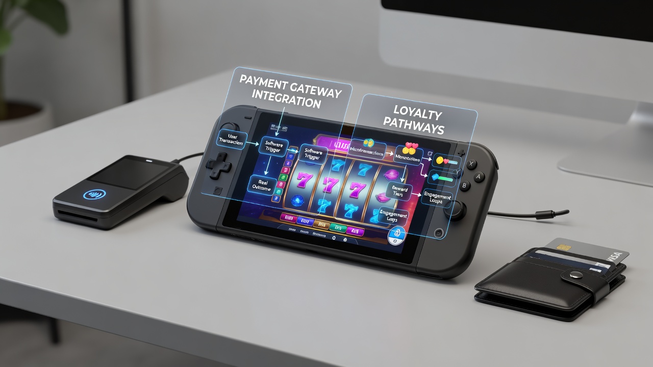 Illustration of payment gateway integration with handheld gaming reel mechanics and loyalty tracking interfaces