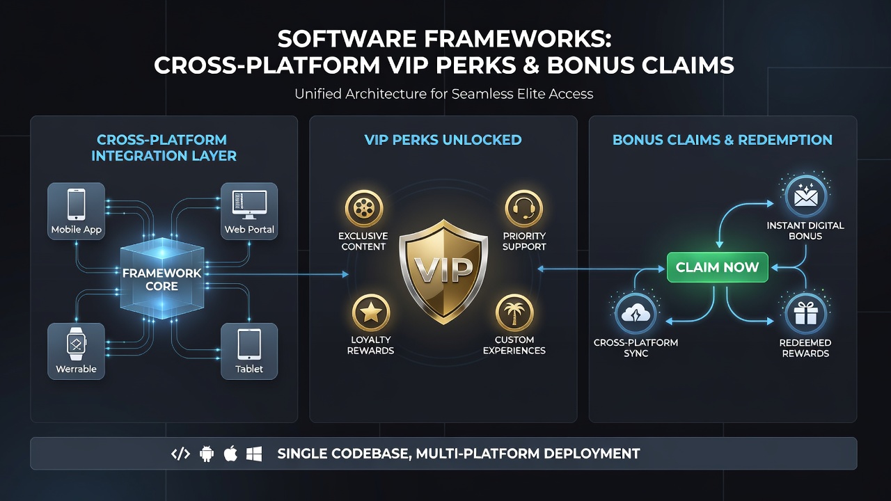 Diagram depicting software framework layers connecting mobile and desktop VIP bonus systems