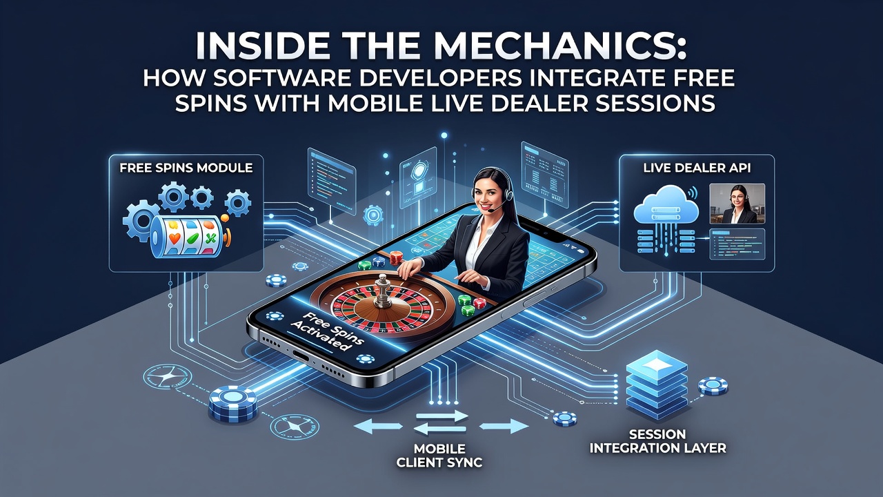 Software developers reviewing code for free spins integration in mobile live dealer platforms