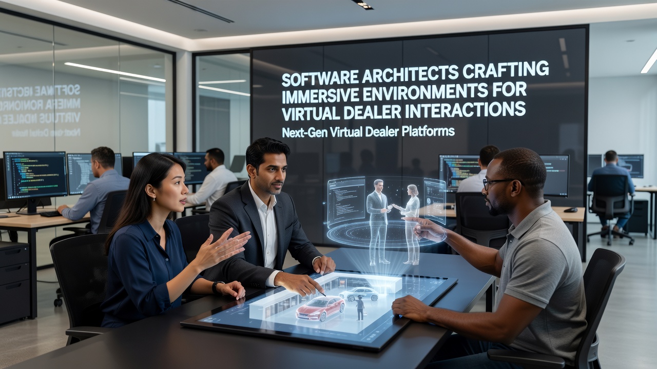 Software architects reviewing 3D models and real-time rendering pipelines for virtual dealer tables in a development studio