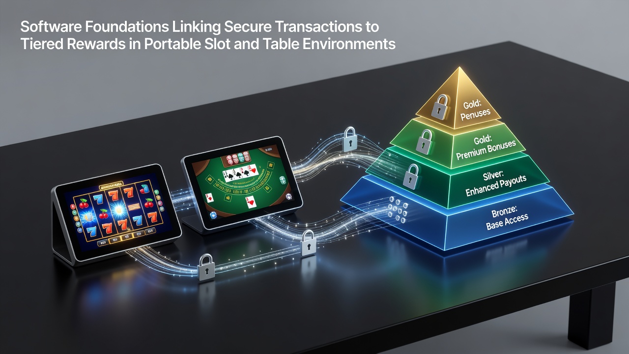Illustration of secure mobile casino software architecture connecting transaction processing with loyalty reward tiers in slot and table games