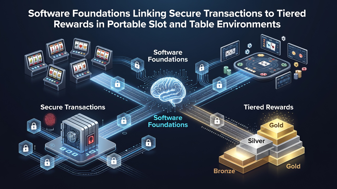 Diagram showing data flow between secure payment gateways and tiered loyalty databases in portable casino software