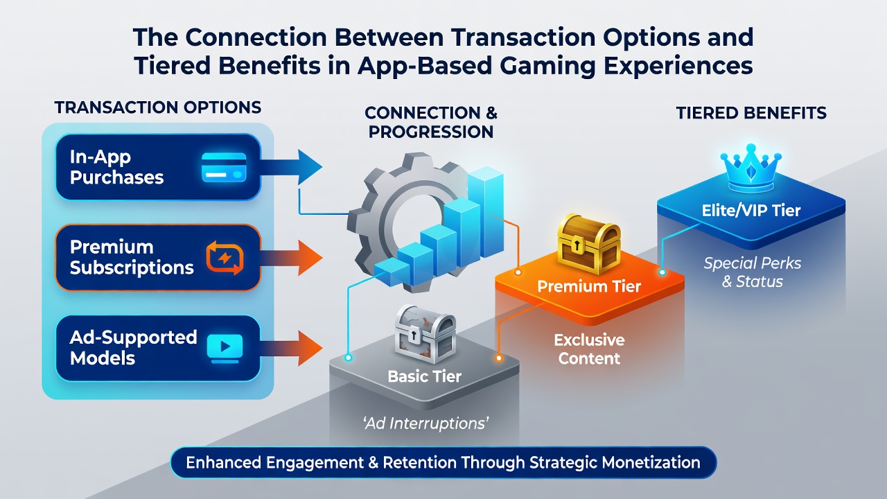 Illustration of tiered benefit structures in gaming apps with payment method icons and progression metrics