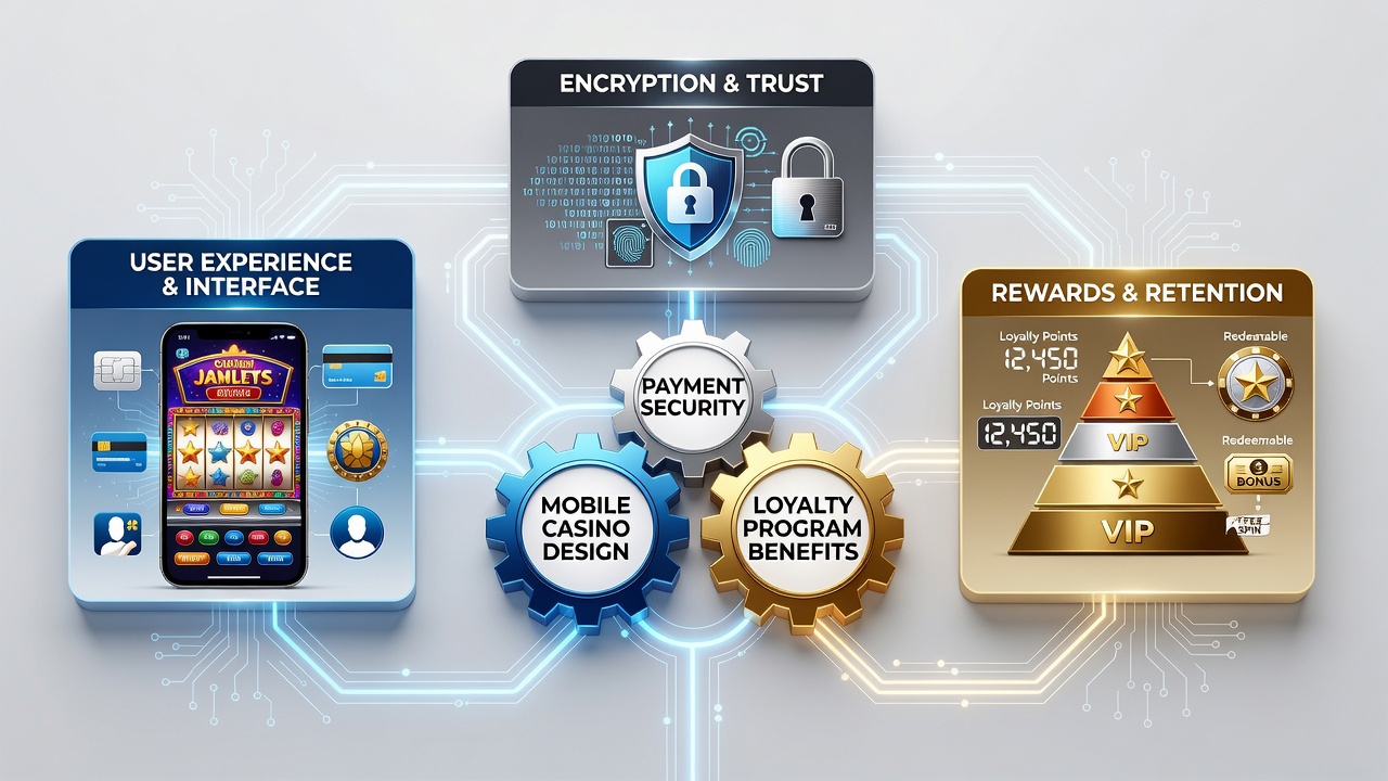Illustration of loyalty rewards dashboard connected to secure payment verification process